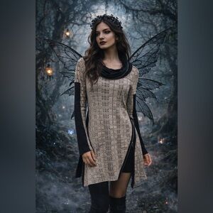 Dzhavael Couture Black Tan Striped Plaid Mix Media Cowl Neck Tunic Top Size S